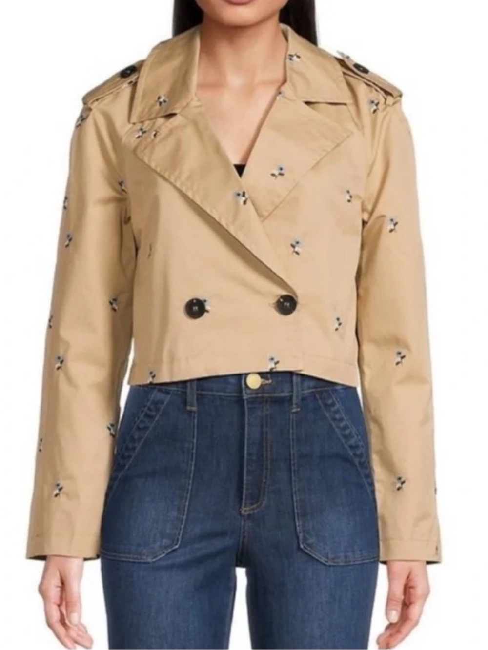 Beige Cropped Trench Jacket with Embroidered Detail - Women